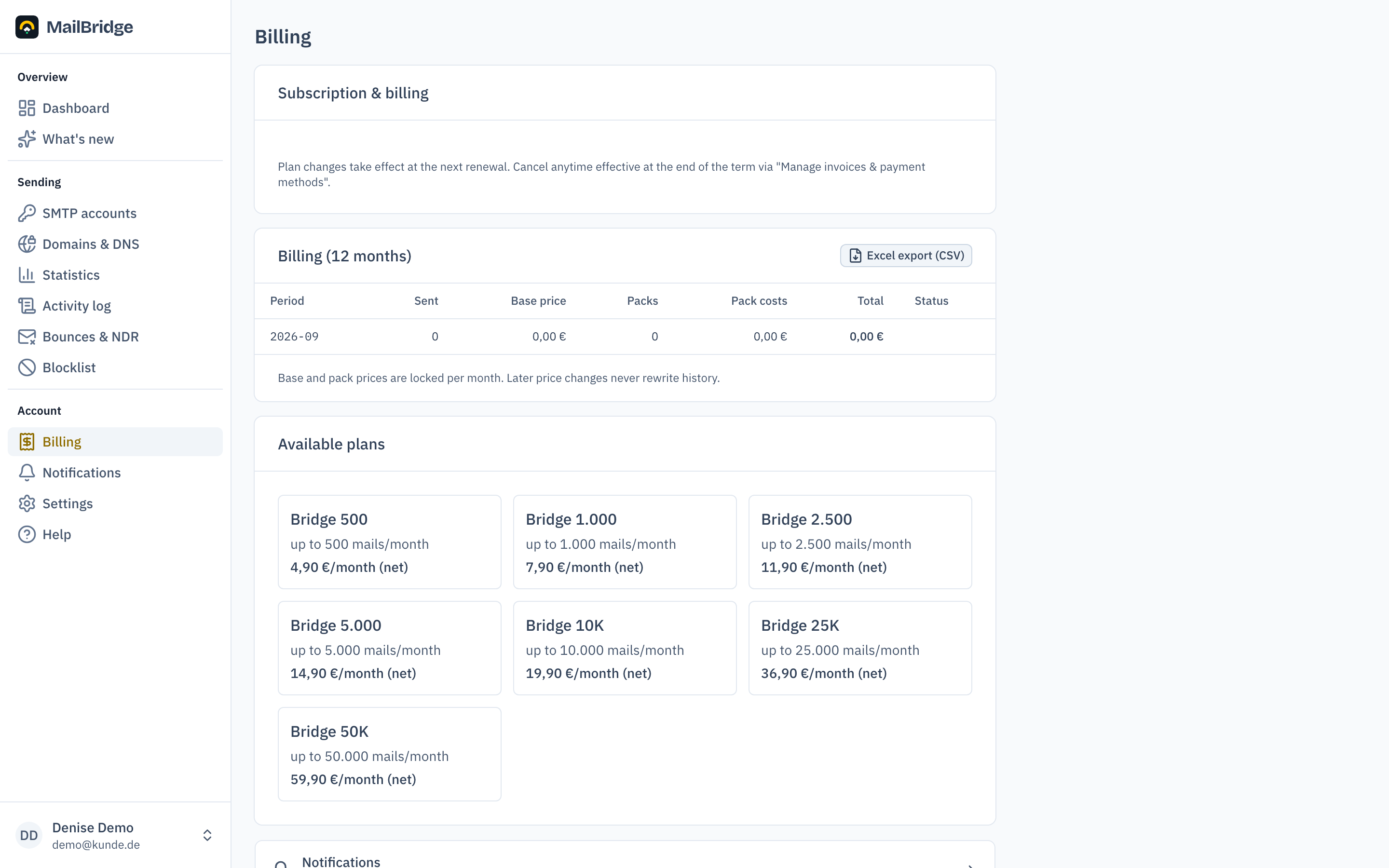 Billing page with plan and usage
