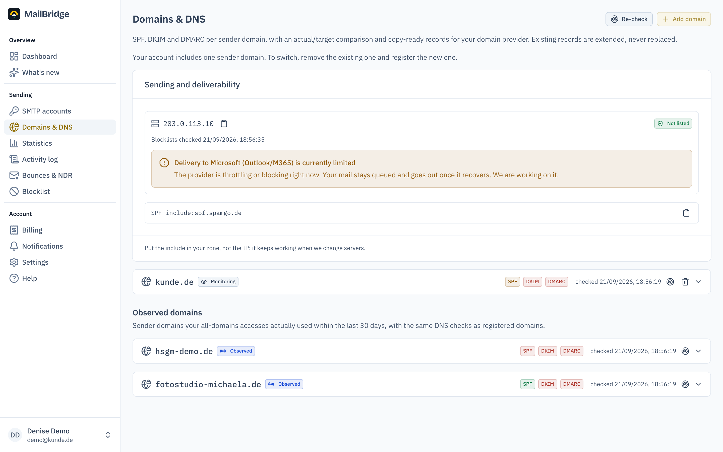 Domain overview with status cards