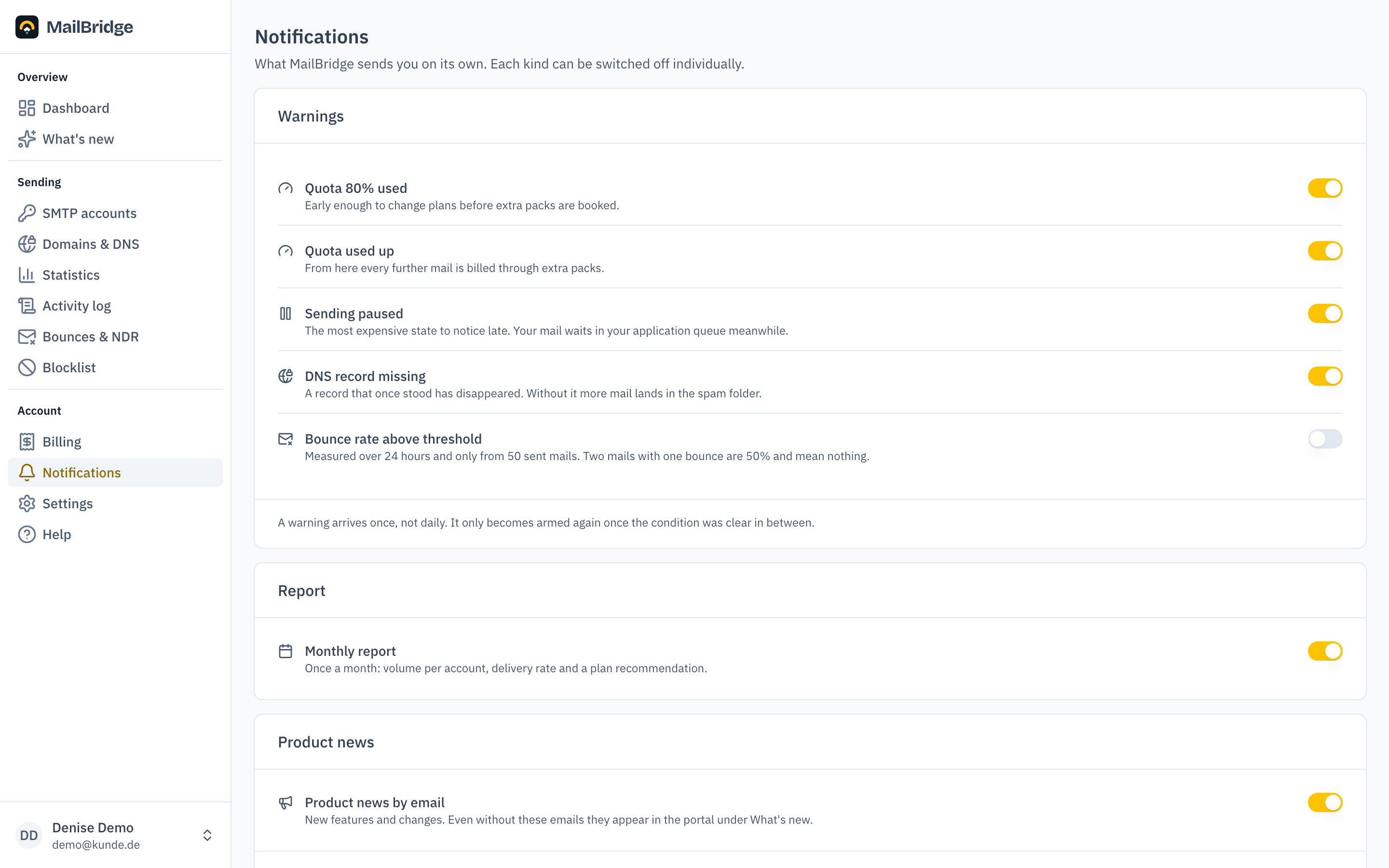 Notifications with warnings and switches