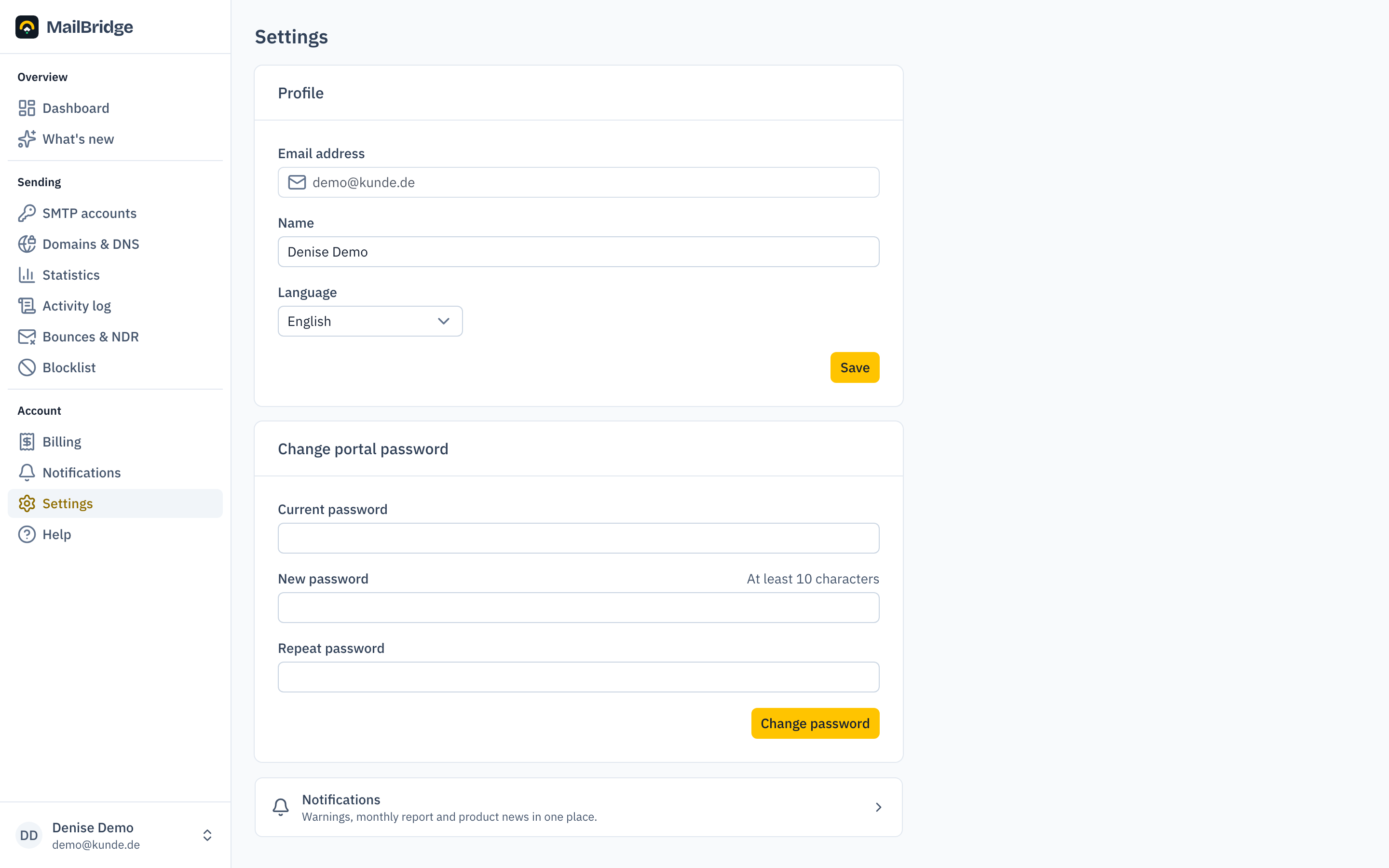 Settings with profile and password